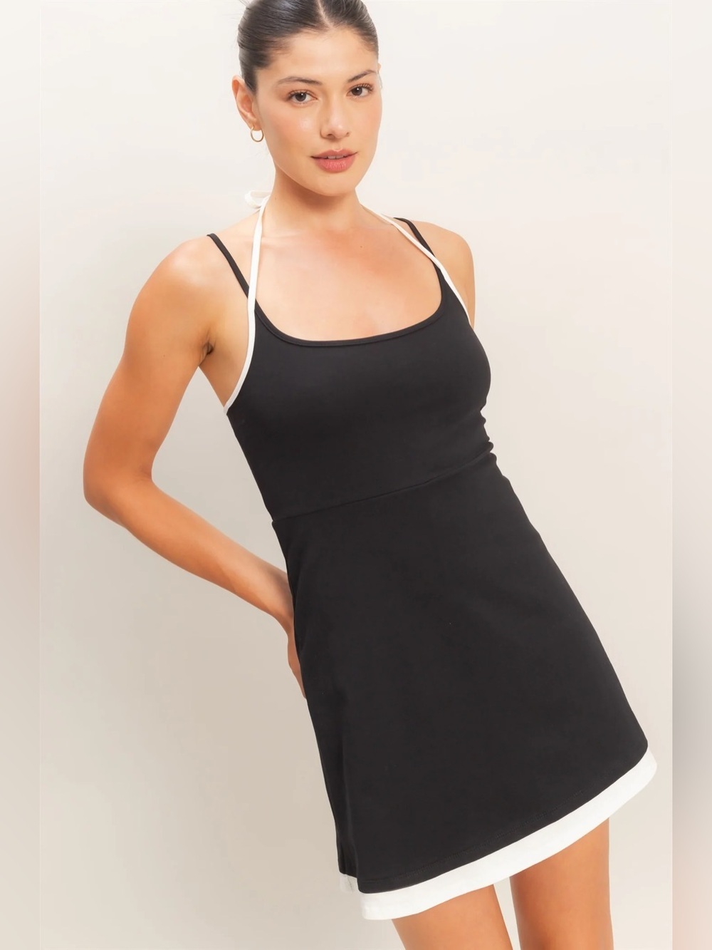 HYFVE Black Contrast Trim Mini Dress Built-In Shorts Halter Athletic Size Small - Picture 2 of 8